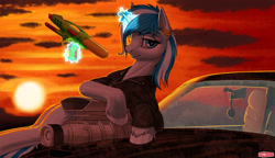 Size: 1920x1108 | Tagged: safe, artist:wwredgrave, imported from derpibooru, oc, oc only, oc:snowflake, pony, unicorn, bread, car, clothes, commission, ear piercing, engine, female, food, levitation, looking at you, mad max, magic, mare, pan, piercing, sunset, supercharger, telekinesis, toy gun, unshorn fetlocks