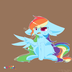 Size: 768x768 | Tagged: safe, artist:jisuppe, imported from derpibooru, rainbow dash, pegasus, pony, big ears, brown background, chest fluff, cute, dashabetes, female, floppy ears, long mane, mare, never doubt blaa6 involvement, simple background, sitting, solo