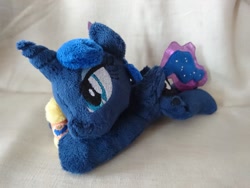 Size: 1024x768 | Tagged: safe, artist:binidi, artist:buttercupbabyppg, imported from derpibooru, princess luna, alicorn, pony, beanie (plushie), beautiful, cute, female, galacon, galacon 2018, irl, lying down, mare, photo, plushie, solo