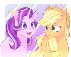 Size: 1000x800 | Tagged: safe, artist:waterz-colrxz, imported from derpibooru, applejack, starlight glimmer, earth pony, pony, unicorn, blushing, cowboy hat, duo, female, freckles, halo, hat, mare, open mouth