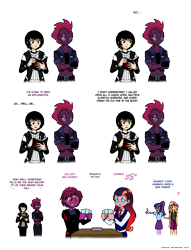 Size: 880x1152 | Tagged: safe, artist:crydius, imported from derpibooru, sci-twi, sunset shimmer, tempest shadow, twilight sparkle, oc, oc:crydius, oc:eldritch, oc:gamma, equestria girls, angry, armband, belly button, belt, belt buckle, button, card, cardgame, clothes, collar, comic, crydiusshadow, cuff, cutie mark, daughter, deck, deck of cards, dialogue, eldgamma, equestria girls-ified, exclamation point, eye scar, father, father and son, female, flip, glasses, glowing text, go fish, grabbing, gradient hair, hairpin, happy, headband, holding, jacket, leather jacket, leather pants, leather skirt, leather vest, lesbian, lidded eyes, magical hetero spawn, magical lesbian spawn, male, midriff, mohawk, mother, mother and daughter, mother and son, necktie, not amused face, offspring, page, pants, parent:oc:crydius, parent:sci-twi, parent:sunset shimmer, parent:tempest shadow, parent:twilight sparkle, parents:canon x oc, parents:crydiusshadow, parents:scitwishimmer, parents:sunsetsparkle, playing, playing card, pocket, pointing, ponytail, question mark, reading, scar, scientific lesbian spawn, scitwishimmer, shipping, shirt, simple background, skirt, son, speech bubble, standing, sunsetsparkle, surprised, sweater, table, talking, tempest shadow is not amused, transparent background, tzeentch, unamused, vest, wall of tags, warhammer (game), warhammer 40k, warhammer fantasy, wristband, xk-class end-of-the-world scenario