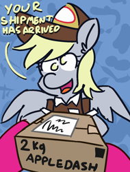 Size: 950x1250 | Tagged: safe, artist:threetwotwo32232, imported from derpibooru, derpy hooves, oc, oc:fizzy pop, pegasus, pony, atg 2018, dialogue, female, hat, looking at you, mare, newbie artist training grounds, no pupils, package, shipping, solo focus