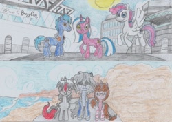 Size: 2467x1742 | Tagged: safe, artist:nephilim rider, imported from derpibooru, oc, oc only, oc:blank canvas, oc:heaven lost, oc:hoof beatz, oc:mane event, bronycon, sad, traditional art