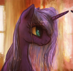 Size: 2055x2000 | Tagged: safe, artist:plotcore, imported from derpibooru, princess luna, alicorn, pony, atg 2018, bust, female, loose hair, mare, newbie artist training grounds, smiling, solo