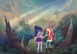 Size: 2048x1434 | Tagged: safe, artist:php77, editor:php77, imported from derpibooru, sci-twi, sunset shimmer, twilight sparkle, equestria girls, mirror world, wallpaper