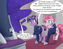 Size: 1320x1020 | Tagged: safe, artist:silfoe, imported from derpibooru, nightmare moon, pinkie pie, twilight sparkle, alicorn, earth pony, pony, unicorn, moonsetmlp, alternate timeline, clothes, dialogue, ethereal mane, female, jumping, mare, raised hoof, salute, speech bubble, starry mane, tumblr, unicorn twilight, uniform