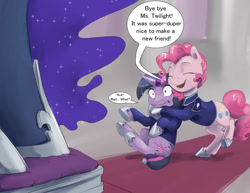 Size: 1320x1020 | Tagged: safe, artist:silfoe, imported from derpibooru, nightmare moon, pinkie pie, twilight sparkle, alicorn, earth pony, pony, unicorn, moonsetmlp, alternate timeline, clothes, ethereal mane, female, hug, mare, tumblr, unicorn twilight, uniform