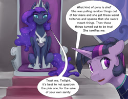 Size: 1320x1020 | Tagged: safe, artist:silfoe, imported from derpibooru, nightmare moon, twilight sparkle, alicorn, pony, unicorn, moonsetmlp, alternate timeline, crown, duo, ethereal mane, female, jewelry, mare, regalia, sitting, slit pupils, speech bubble, starry mane, the pink one, throne, tumblr