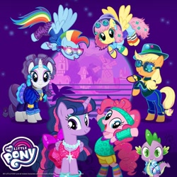 Size: 1080x1080 | Tagged: safe, imported from derpibooru, applejack, fluttershy, pinkie pie, rainbow dash, rarity, spike, twilight sparkle, 80s, gameloft, glam rock dash, hoofgazer fluttershy, mane seven, mane six, official, pop princess twilight, retro, retro spike