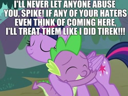 Size: 1440x1080 | Tagged: safe, edit, edited screencap, editor:useraccount, imported from derpibooru, screencap, lord tirek, spike, twilight sparkle, alicorn, abuse, excessive exclamation marks, hug, image macro, meme, spike drama, spike justice warriors, spikeabuse, spikelove, twilight sparkle (alicorn)