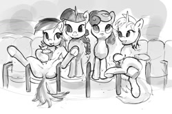 Size: 1200x798 | Tagged: safe, artist:xbi, imported from derpibooru, bon bon, lyra heartstrings, rainbow dash, sweetie drops, twilight sparkle, earth pony, pegasus, pony, unicorn, armpits, butt, featureless crotch, female, food, frog (hoof), grayscale, mare, monochrome, plot, popcorn, sitting, sketch, spread legs, spreading, tabun art-battle, theater, underhoof