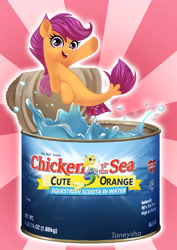 Size: 4961x7016 | Tagged: safe, artist:taneysha, imported from derpibooru, scootaloo, seapony (g4), surf and/or turf, absurd resolution, chicken of the sea, cute, cutealoo, female, looking at you, scootachicken, seaponified, seapony scootaloo, smiling, solo, species swap, tin can