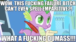 Size: 1280x720 | Tagged: safe, edit, edited screencap, editor:useraccount, imported from derpibooru, screencap, spike, dragon, friendship is magic, abuse, background pony strikes again, caption, downvote bait, engrish, excessive exclamation marks, funny, go to sleep garble, hypocrisy, hypocritical humor, image macro, irony, letter, male, meme, misspelling, quill, shitposting, solo, spikeabuse, spikeposting, trolling, truth, vulgar