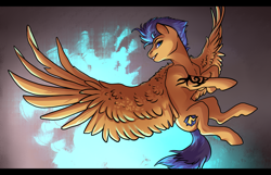 Size: 2099x1355 | Tagged: safe, artist:gonedreamer, imported from derpibooru, flash sentry, pegasus, pony, looking at you, male, solo, spread wings, stallion, tattoo, wings