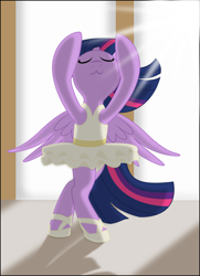 Size: 1240x1709 | Tagged: safe, artist:eagle1division, imported from derpibooru, twilight sparkle, alicorn, pony, :3, ballerina, bipedal, clothes, dancing, dress, eyes closed, female, majestic, mare, ponified animal photo, raised hoof, smiling, solo, spread wings, tutu, twilarina, twilight sparkle (alicorn), windswept mane, windswept tail, wings