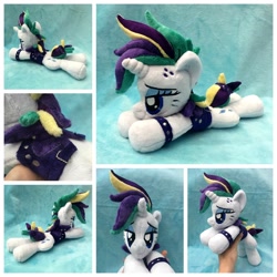 Size: 1600x1600 | Tagged: safe, artist:equinepalette, imported from derpibooru, rarity, pony, unicorn, alternate hairstyle, beanie (plushie), clothes, female, hand, irl, jacket, lidded eyes, mare, photo, plushie, prone, punk, raripunk, solo, wristband