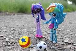 Size: 883x589 | Tagged: safe, artist:artofmagicpoland, edit, imported from derpibooru, rainbow dash, sci-twi, twilight sparkle, human, equestria girls, equestria girls series, ball, blue's clues, clothes, doll, eared humanization, equestria girls minis, irl, link in source, luxo ball, luxo's ball, photo, ponied up, swimsuit, toy, wondercolts uniform