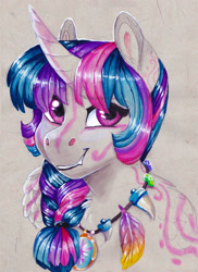 Size: 1200x1650 | Tagged: safe, artist:earthsong9405, imported from derpibooru, twilight sparkle, alicorn, anthro, curved horn, female, jewelry, mare, necklace, simple background, smiling, solo, swirly markings, traditional art, tribal, twilight sparkle (alicorn)