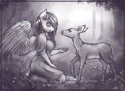 Size: 1900x1385 | Tagged: safe, artist:bantha, imported from derpibooru, fluttershy, anthro, deer, breasts, clothes, cute, dress, duo, fawn, feeding, female, grayscale, kindness, kneeling, looking at each other, monochrome, profile, spread wings, wings