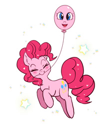 Size: 960x1077 | Tagged: safe, artist:hosikawa, imported from derpibooru, pinkie pie, earth pony, pony, balloon, blushing, cute, diapinkes, eyes closed, female, jumping, mare, mouth hold, pinkie being pinkie, smiling, solo, stars