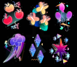Size: 1058x925 | Tagged: safe, artist:ii-art, imported from derpibooru, applejack, fluttershy, pinkie pie, rainbow dash, rarity, twilight sparkle, cutie mark, design, mane six, neon, shirt design, synthwave