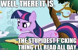Size: 490x318 | Tagged: safe, edit, edited screencap, imported from derpibooru, screencap, twilight sparkle, pony, unicorn, friendship is magic, book, censored, censored vulgarity, female, image macro, mare, meme, reading, solo, swearing, unicorn twilight, vulgar