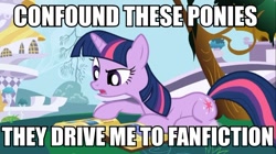 Size: 600x337 | Tagged: safe, edit, edited screencap, imported from derpibooru, screencap, twilight sparkle, pony, unicorn, friendship is magic, book, confound these ponies, fanfic, female, image macro, mare, meme, reading, solo, twilight loves fanfiction, unicorn twilight