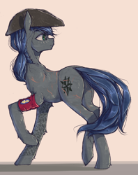 Size: 1000x1263 | Tagged: safe, artist:madhotaru, imported from derpibooru, oc, oc only, earth pony, pony, butt, cutie mark crusaders, cutie mark crusaders patch, hat, plot, raised hoof, scar, simple background, solo, white background