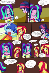 Size: 1000x1500 | Tagged: safe, artist:jake heritagu, imported from derpibooru, aria blaze, sci-twi, sunset shimmer, twilight sparkle, oc, oc:sparkling sapphire, comic:aria's archives, comic:of babes and heartbreaks, series:sciset diary, equestria girls, rainbow rocks, blushing, clothes, comic, female, glasses, lesbian, magical lesbian spawn, offspring, parent:sci-twi, parent:sunset shimmer, parents:scitwishimmer, scitwishimmer, shipping, smiling, speech bubble, sunsetsparkle, yawn