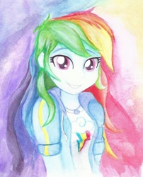 Size: 730x904 | Tagged: safe, artist:astevenamedwolf, imported from derpibooru, rainbow dash, equestria girls, equestria girls series, beautiful, female, geode of super speed, looking at you, magical geodes, solo, traditional art