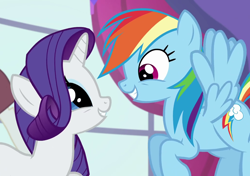 Size: 1020x720 | Tagged: safe, imported from derpibooru, screencap, rainbow dash, rarity, rarity investigates, cropped, eyes on the prize, looking at each other, smiling