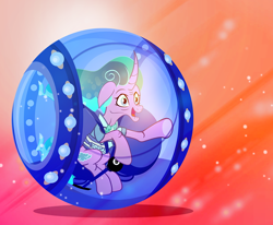 Size: 900x740 | Tagged: safe, artist:pixelkitties, imported from derpibooru, mistmane, pony, unicorn, clothes, curved horn, ethereal mane, female, gradient background, gyrosphere, hamster ball, jurassic world, mare, open mouth, smiling, solo