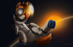 Size: 5680x3673 | Tagged: safe, artist:tee_mit_milch, artist:xxcrazzzyxx, imported from derpibooru, oc, oc only, oc:kiva, pony, robot, robot pony, absurd resolution, astronaut, female, floating, glowing eyes, hair over one eye, lidded eyes, mare, planet, ponified, solo, space, space background, spacesuit, starry sky, sun, underhoof, ych result, zero gravity, zipper