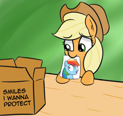 Size: 1736x1637 | Tagged: safe, artist:artiks, imported from derpibooru, applejack, rainbow dash, earth pony, pony, appledash, box, cute, female, lesbian, mare, meme, mouth hold, paper, shipping, smiles i wanna protect, solo, table