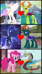 Size: 1232x2160 | Tagged: safe, artist:3d4d, imported from derpibooru, discord, pharynx, pinkie pie, princess celestia, princess luna, thorax, alicorn, changedling, changeling, draconequus, earth pony, pony, crack shipping, discopie, female, king thorax, lunarynx, male, prince pharynx, shipping, shipping domino, straight, thoralestia