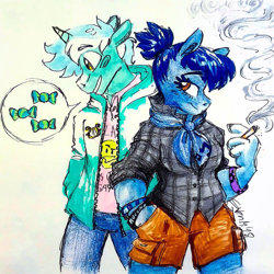 Size: 1071x1071 | Tagged: safe, artist:artflicker, imported from derpibooru, blues, lyra heartstrings, noteworthy, anthro, guyra, implied lesbian, implied lyrabon, implied shipping, melodyworth, rule 63, smoking