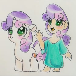 Size: 1003x1003 | Tagged: safe, artist:frootytoots, imported from derpibooru, sweetie belle, human, pony, unicorn, barefoot, blushing, colored pupils, cute, daaaaaaaaaaaw, diasweetes, feet, female, filly, human ponidox, humanized, self ponidox, weapons-grade cute