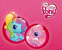 Size: 1280x1024 | Tagged: safe, edit, imported from derpibooru, pinkie pie (g3), rainbow dash (g3), g3.5, my little pony logo, wallpaper