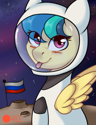 Size: 1181x1535 | Tagged: safe, artist:php97, imported from derpibooru, oc, oc only, oc:apogee, pegasus, pony, astronaut, blushing, camera shot, female, flag, looking at you, mare, moon, recording, russia, russian flag, solo, space, spacesuit, tongue out