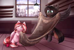 Size: 1024x694 | Tagged: safe, artist:scarlet-spectrum, imported from derpibooru, oc, oc only, oc:cherry blossom, oc:netherweave, pegasus, pony, belly, blanket, chubby, commission, cute, digital art, duo, female, flying, happy, indoors, long tail, mare, ocbetes, present, smiling, spread wings, tail, watermark, wings