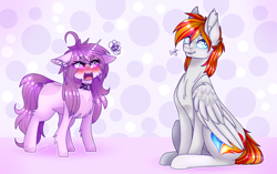 Size: 4442x2788 | Tagged: safe, artist:honeybbear, imported from derpibooru, oc, oc only, oc:heartfire, oc:mochi, pegasus, pony, unicorn, abstract background, blushing, female, male, mare, sitting, stallion