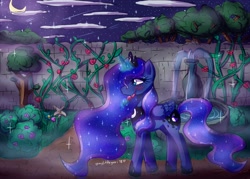 Size: 3500x2500 | Tagged: safe, artist:mylittleyuri, imported from derpibooru, princess luna, pony, candy, cute, digital art, female, food, garden, lollipop, moon, night, solo, walking