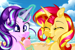 Size: 4500x3000 | Tagged: safe, artist:saralien, imported from derpibooru, starlight glimmer, sunset shimmer, pony, unicorn, beach, bust, cherry, cute, duo, eating, eyes closed, female, food, glimmerbetes, glowing horn, heart, heart eyes, ice cream, licking, magic, mare, popsicle, portrait, shimmerbetes, sky, smiling, sun, telekinesis, tongue out, water, wingding eyes