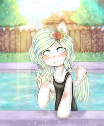 Size: 1825x2190 | Tagged: safe, artist:zefirka, imported from derpibooru, oc, oc only, pegasus, pony, chest fluff, clothes, crepuscular rays, digital art, hair ornament, looking at you, raised hoof, solo, sunlight, swimming pool, swimsuit, wings