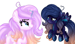 Size: 1530x899 | Tagged: safe, artist:xxmelody-scribblexx, imported from derpibooru, oc, oc only, oc:amethyst flame, oc:moonrise stars, pegasus, pony, unicorn, female, mare, simple background, transparent background