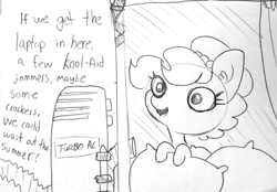 Size: 1255x873 | Tagged: safe, artist:tjpones, imported from derpibooru, oc, oc only, oc:brownie bun, earth pony, pony, horse wife, black and white, dialogue, female, grayscale, lineart, mare, monochrome, pillow, simple background, solo, traditional art, white background