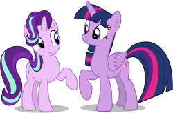 Size: 7701x5038 | Tagged: safe, artist:famousmari5, imported from derpibooru, starlight glimmer, twilight sparkle, alicorn, pony, unicorn, marks for effort, absurd resolution, duo, duo female, female, raised hoof, simple background, transparent background, twilight sparkle (alicorn), vector