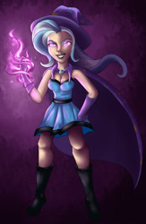 Size: 1465x2244 | Tagged: safe, artist:veronica29pl, imported from derpibooru, trixie, human, boots, cape, clothes, female, gloves, hat, humanized, looking at you, magic, shoes, solo, trixie's cape, trixie's hat