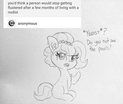 Size: 1701x1440 | Tagged: safe, artist:tjpones, imported from derpibooru, oc, oc only, oc:brownie bun, earth pony, pony, horse wife, ask, chest fluff, dialogue, ear fluff, female, lineart, mare, open mouth, pearl, solo, traditional art, tumblr