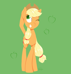 Size: 1178x1219 | Tagged: safe, artist:imaplatypus, imported from derpibooru, part of a set, applejack, earth pony, pony, cutie mark background, female, green background, looking away, looking up, mare, one eye closed, simple background, smiling, solo, standing